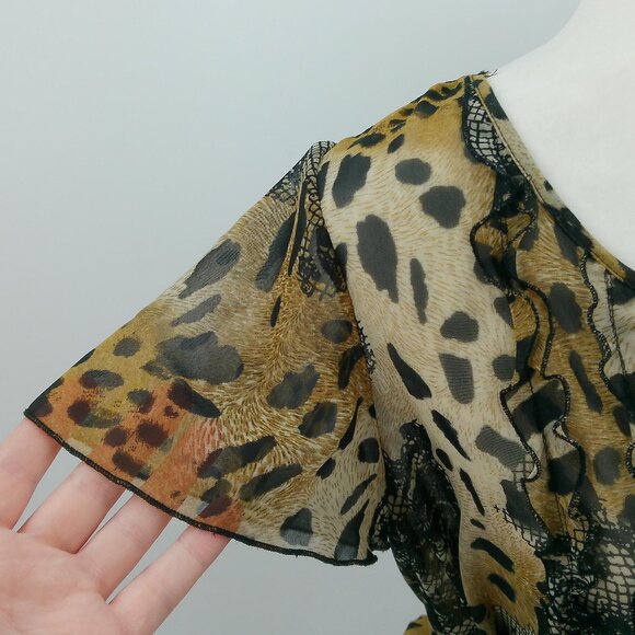 Vtg New York City Design Co Sheer Top Size S Leopard Lace Print Ruffle Tie Front - Picture 6 of 10